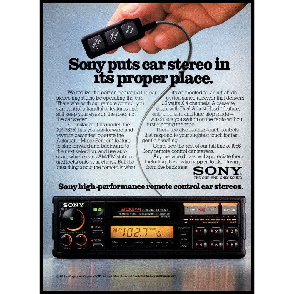 1986 Sony Car Stereo Audio XR-787R Vintage Print Ad Audiophile Wall Art Photo